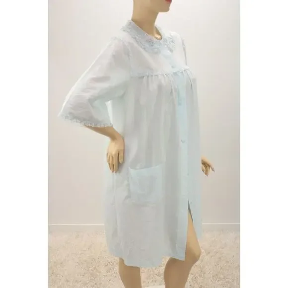 Vintage Sears House coat Robe Blue Cotton Blend Medium Button Front Girly Granny - Picture 5 of 9